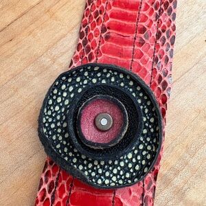 Artisan Made Red Snakeskin Pattern Leather Bracelet w/ Black and White Accents